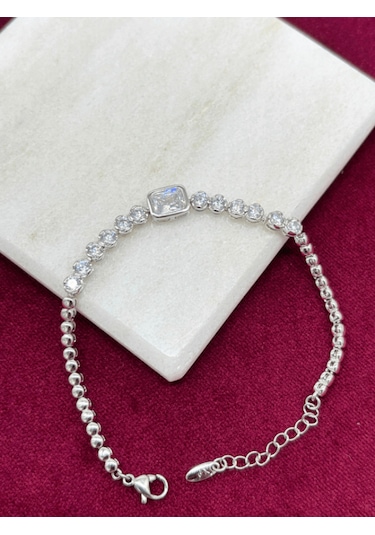 Dikdörtgen Ve Daire Swarovski Taşlı Silver Bileklik Silver