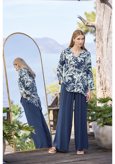 Monamise Kadın Yaprak Desenli Uzun Kollu Gömlek Yaka Alt Üst Takım 25016 Lacivert
