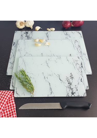 Decorita Cam Kesme Tahtası | Beyaz Mermer Görünümlü | 3'lü Takım