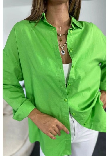 Pamuklu Poplin Kumaş Sırtı Yırtmaçlı Tasarım Kadın Gömlek Yeşil