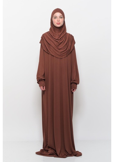 Pratik Tek Parça Pamuklu Yarasa Kollu Tak Çıkar Başörtülü Tesettür Namaz Elbisesi Çikolata Çok Renkli