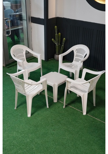 Alezy Bahar Dört Kişilik Sandalye Seti 4 Adet Sandalye + 50x50 Cm Orta Sehpa Beyaz