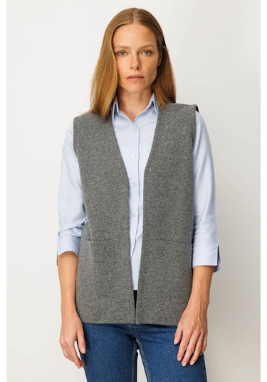 Desen Triko Kadın V Yaka Çelik Örgü Yün Anne Yelek 25044 Füme Füme