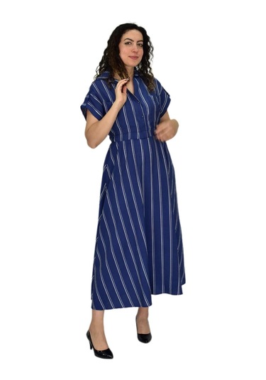 Kadın Beli Lastikli Çizgili Elbise Bgl-st04638 İndigo