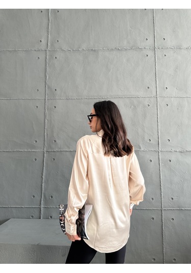 Kadın Oversize Taş Renk Saten Gömlek-taş Taş