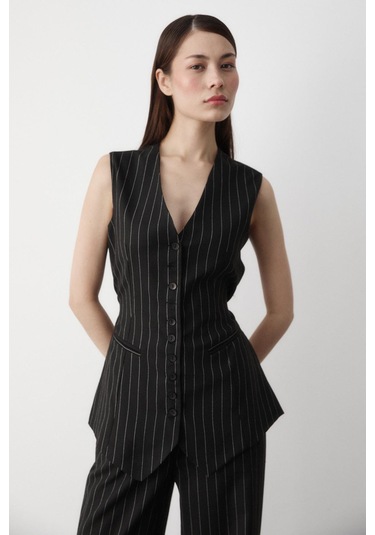 Siyah Çok Düğmeli Çizgili Premium Takım Siyah