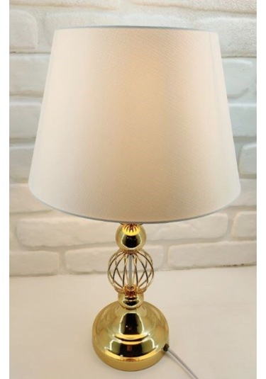 Gold Altın Renk Tel Toplu Metal Ayaklı Beyaz Şapkalı Abajur Altın - Beyaz