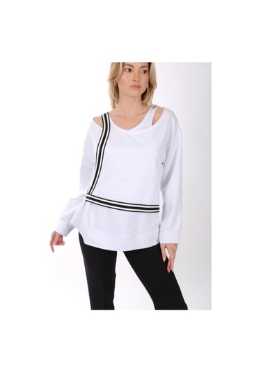 Ysatis Minimalist Oversize V Yaka Uzun Kol Kadın Bluz - Günlük & Özel Gün Beyaz