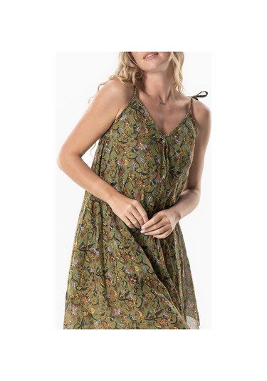 Askılı Vual Afrodit Midi Boy Yazlık Elbise Çiçek Yeşil 6241 Çiçek Yeşil
