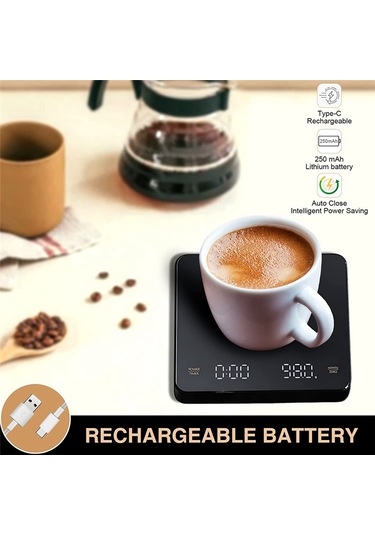 Zamanlayıcılı Kahve Tartısı, 0.1g/3kg, Şarj Edilebilir, Otomatik Kapanma, Barista İçin Siyah