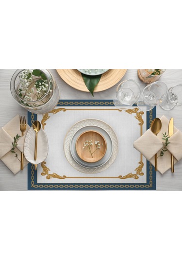 Mavi Barok Desen Kumaş Amerikan Servis 4'lü Set 35x50cm Keten, Ulusl. Yıkama Ve Solmama Sertifikası Çok Renkli