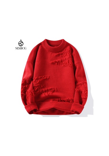 Erkek Sonbahar Ve Kış Düz Renk Kalın Yuvarlak Yaka Kazak Kırmızı