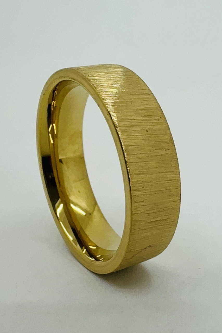 Kişiye Özel İsim Tarih Yazılı 6mm Mat Fırçalanmış Düz Unisex Çelik Yüzük Alyans Cl46y Sarı