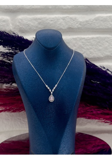 925 Ayar Gümüş Pembe Kuvars Taşlı Özel Tasarım Lüks Kadın Kolye Gümüş