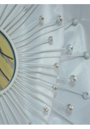 Taşlı Ferforje Beyaz Telli Güneş Konseptli Duvar Aynası Beyaz