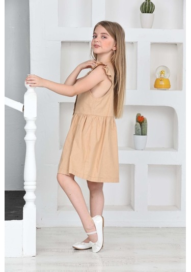 Kız Çocuk %100 Pamuk Keten Elbise 12197 Açık Kahve Açık Kahverengi