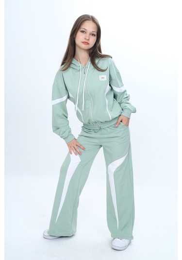 Kız Çocuk %100 Pamuk Garnili Kapüşonlu Fermuarlı Oversize Alt&üst Trend Eşofman Takımı-315-eşt-0003 Su Yeşili