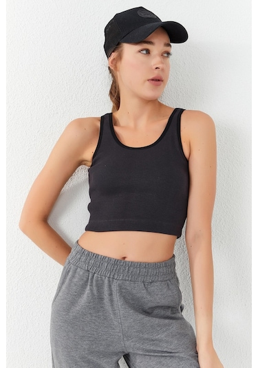 Tommy Life Füme Basic Sıfır Kol Dar Kalıp U Yaka Kadın Crop Top Atlet - 97160 Füme