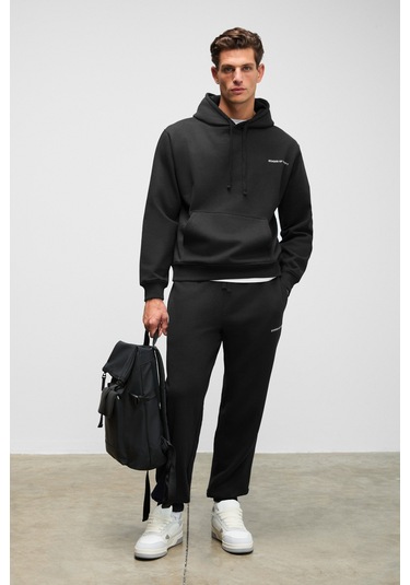 Grımelange Marshallhoodıe Erkek Pamuklu İçi Polarlı Nakışlı Relaxed Siyah Eşofman Takımı Siyah