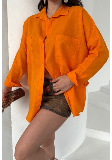 Paw Garage Kadın Harper Çift Cepli Oversize Keten Gömlek, 2025 Summer Collection Turuncu