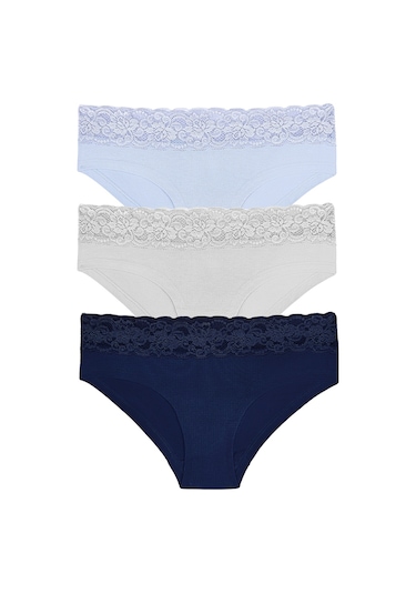 Suwen 3lü Pamuklu Dantelli Hipster Külot St0044603638 Mor - Mavi - Bej