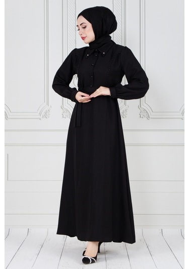 İnci Detaylı Kuşaklı Tesettür Elbise-siyah-3583-beyaz Beyaz