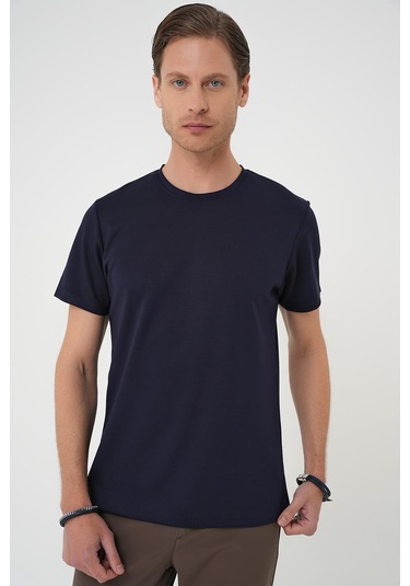 Comfort Fit Bisiklet Yaka Esnek Pamuk Casual Koyu Lacivert Tişört Ts 885 Lacivert