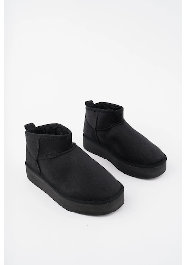 Muggo Hug Kalın Taban İçi Tüylü Günlük Mini Yarım Kadın Bot - Siyah