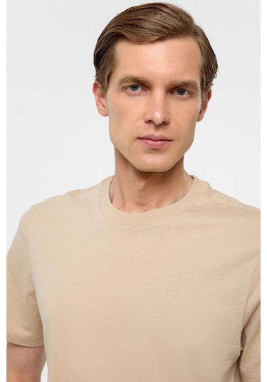 Bej Regular Düz Bisiklet Yaka Tişört-38576 Bej