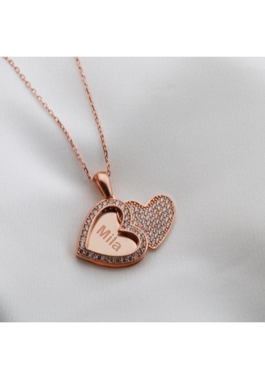 Kişiye Özel Kalp Zirkon Taşlı Rose Gold Kaplama İsim Yazılabilir Kolye Gümüş