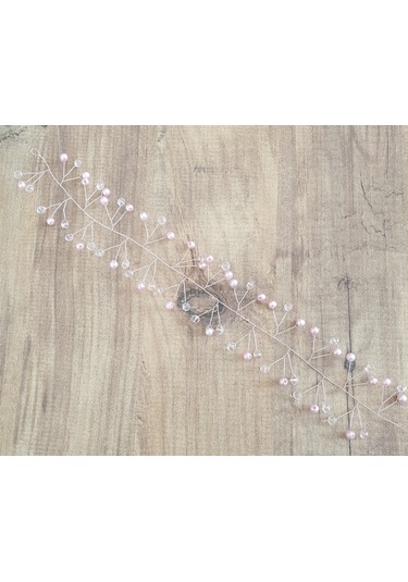 Toz Pembe Incili Ve Kristal Boncuklu Gelin Tacı