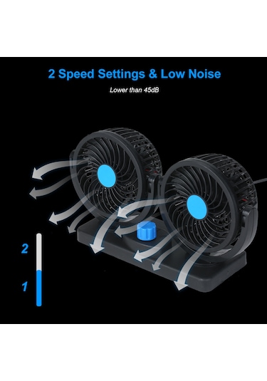 Maiyame 12v Usb İki Başlı Soğutma Fanı - 360 Derece Dönebilen, 2 Hızlı, Ev Ve Araç İçin Sessiz Soğutucu - Mavi Siyah
