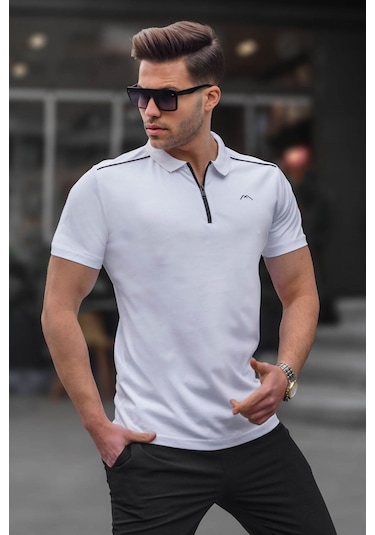 Madmext Erkek Beyaz Basic Fermuarlı Polo Tişört 6076 Beyaz