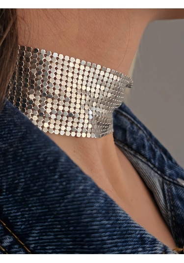 Arpa Pul Payet Zırh Metal Geniş Model Gümüş Choker Kolye Silver Çok Renkli