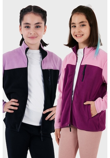 Lela Yumuşak Dokulu Fermuarlı Renk Bloklu Dik Yaka Cepli 2'Li Paket Hırka Çocuk Polar 5905001S2 Lila Siyah-Şeker Pembe Mor