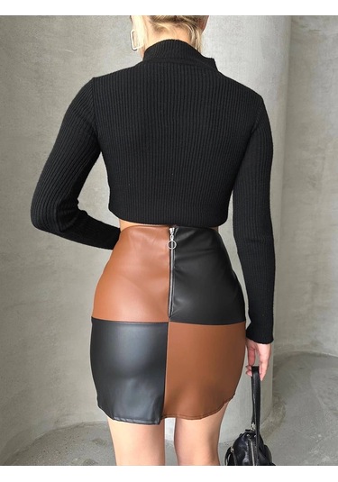 Damalı Deri Etek Siyah Kahve W24648 Siyah