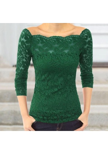 Kadın Üstler Eğik Yaka Uzun Kollu Dantel Gömlek Oyuk Dantel Eklemeli Düz Renk Dar Kesim Nakış Dantel Çiçekli Üstler Siyah