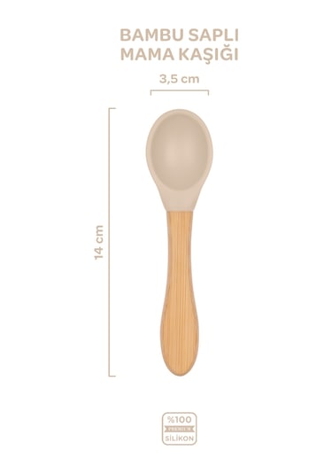 Silikon Beslenme Seti 3'lü Latte Bej / Mama Tabağı, Bambu Saplı Mama Kaşığı Ve Çatalı