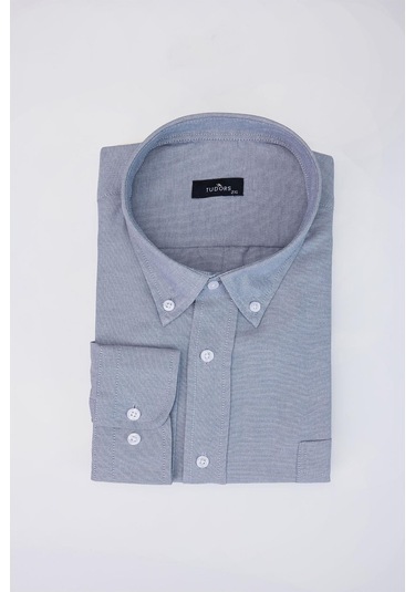 Tudors Büyük Beden Oxford Doku Yaka Düğmeli Cepli Nakışlı Gri Erkek Gömlek-30426-gri