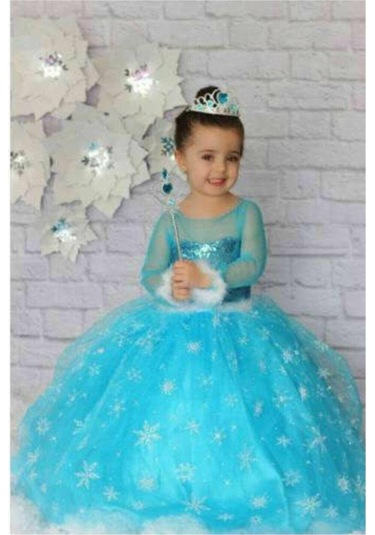 6-7 Yaş Elsa Tarlatanlı Uzun Kollu Kostüm Elbise