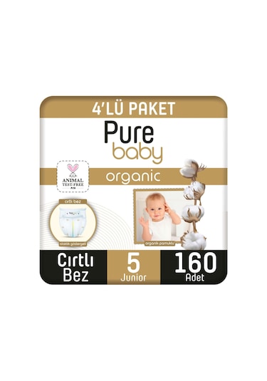 Pure Baby Organik Pamuklu Cırtlı Bez 4'lü Paket 5 Numara Junior 160 Adet 4'lü