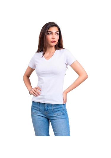 Thiff Kadın Ribana Buzy V Yaka T-shirt Tişört Beyaz