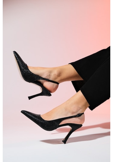 Luvishoes Andes Siyah Çizgili Kadın Sivri Burun Arkası Açık Yüksek Topuklu Ayakkabı Siyah