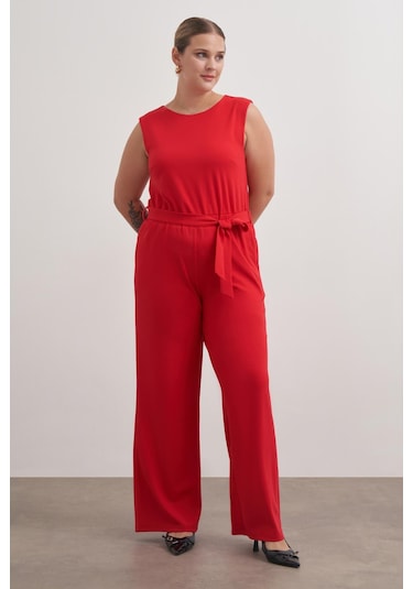 Pencere Detaylı Cepli Örme Tulum-6180 Kırmızı