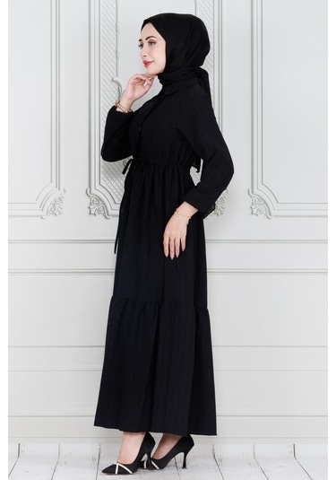 Gömlek Yaka Beli Tünelli Sare Elbise-siyah-4013-siyah Siyah