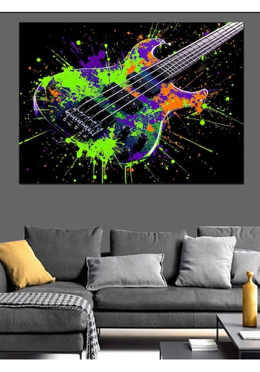 Patlayan Renkli Gitar Dekoratif Kanvas - Mdf Ahşap Tablo