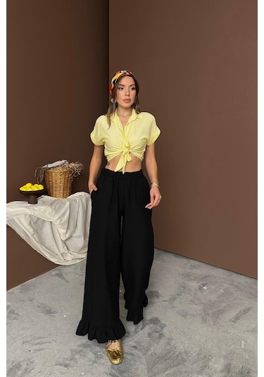 Ge Ticaret Siyah Paçası Fırfırlı Keten Pantolon Siyah