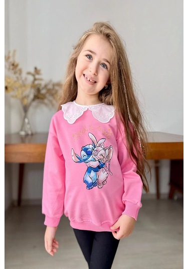 Yaka Detaylı Stitch Desenli Pembe Renk Kız Çocuk Takım Pembe