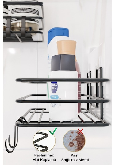 Bino 2li Set Banyo Düzenleyici Şampuanlık Mat Siyah Yapışkanlı 4 Askılı Duş Rafı Paslanmaz Organizer Siyah