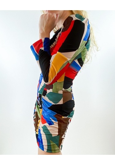 Modaonna Kadın Geometrik Desen Renkli Tasarım Elbise